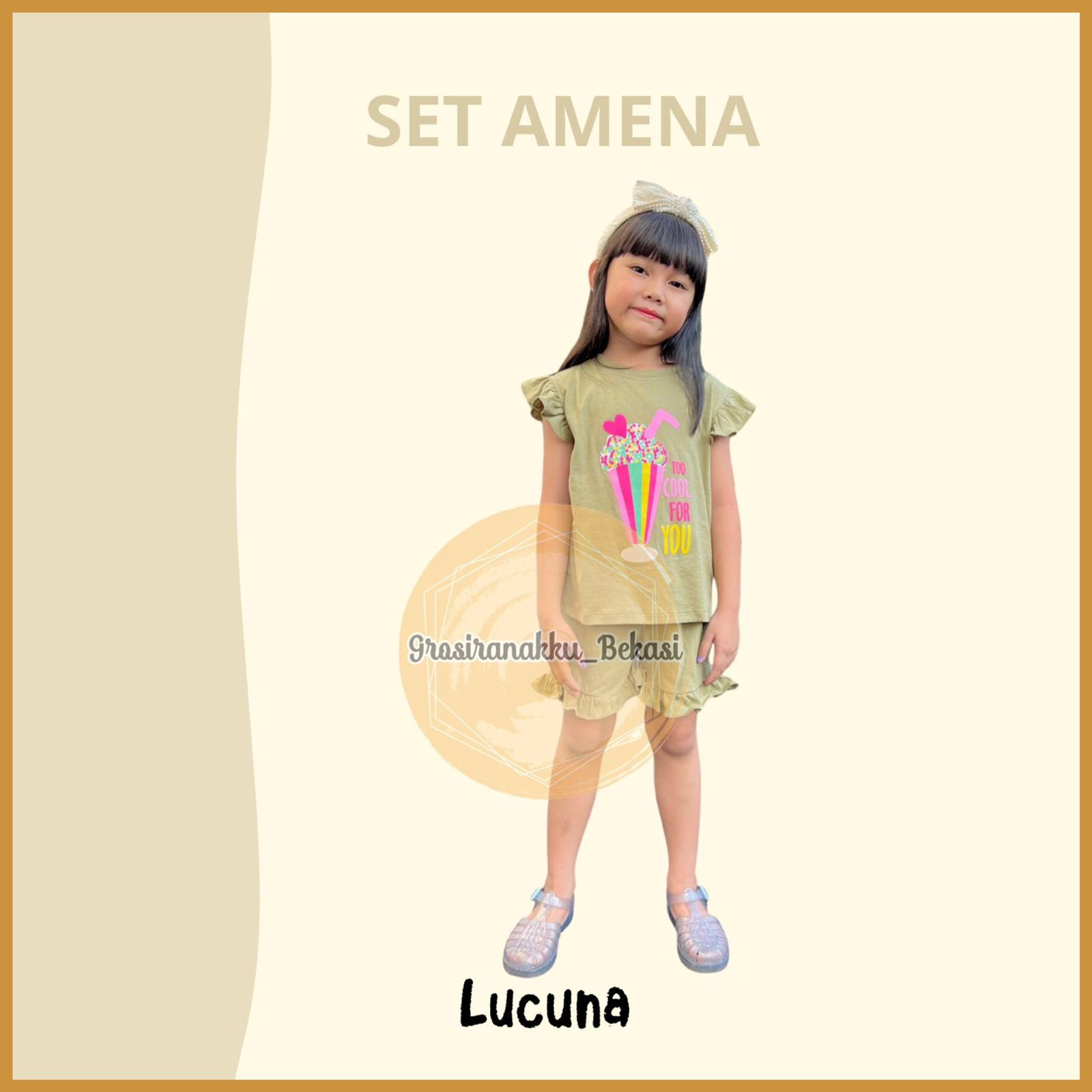 Setelan Anak Cewek Amena Lucuna Warna Olive Size 1-5 Thn