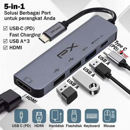 USB Hub PX UCH15 Converter 5 in 1 Type C to USB 3.0, Type C 3.1 Fast Charging &amp; 4K HDMI Support Apple MacBook, Windows &amp; Android [PX UCH15]