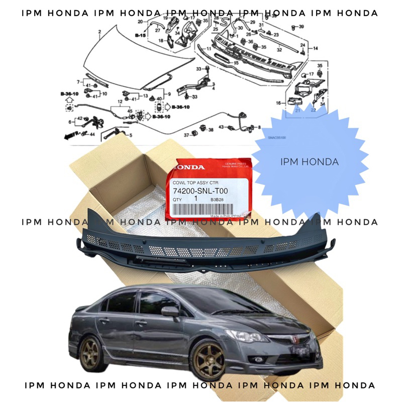 74200 SNL Cowl Top Assy Center Panggangan Sate Tengah Karet Cover Plastik Tutup Bawah Wiper Kaca Depan Honda Civic FD FD1 FD2 2006 2007 2008 2009 2010 2011