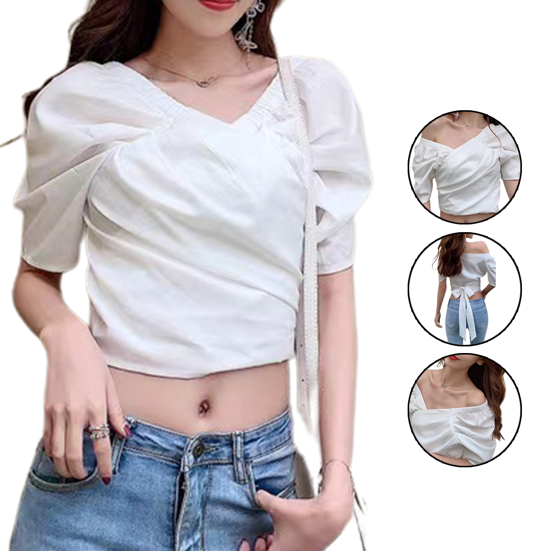 YS6127 Atasan Crop Top Tali Pita Wanita Lengan Pendek - SOSOYO