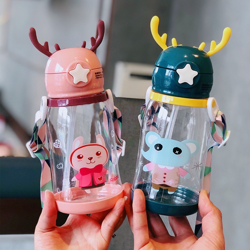 EryoneStore Botol Minum Anak Karakter Kartun Botol Air Minum Anak Sedotan 610ml Model Tanduk Rusa Lucu Free Tali Panjang Dan Sticker Karakter Unik Botol Minum Sekolah Lucu Viral