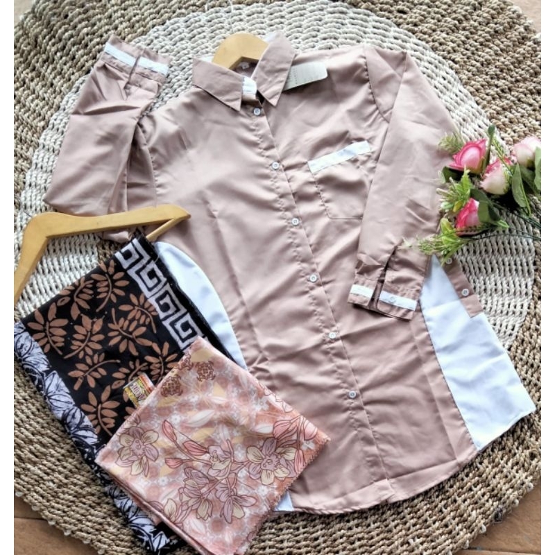 set tunik santri  coksu kombinasi putih ( sarung wanita - baju atasan -jilbab motif) satu paket sete
