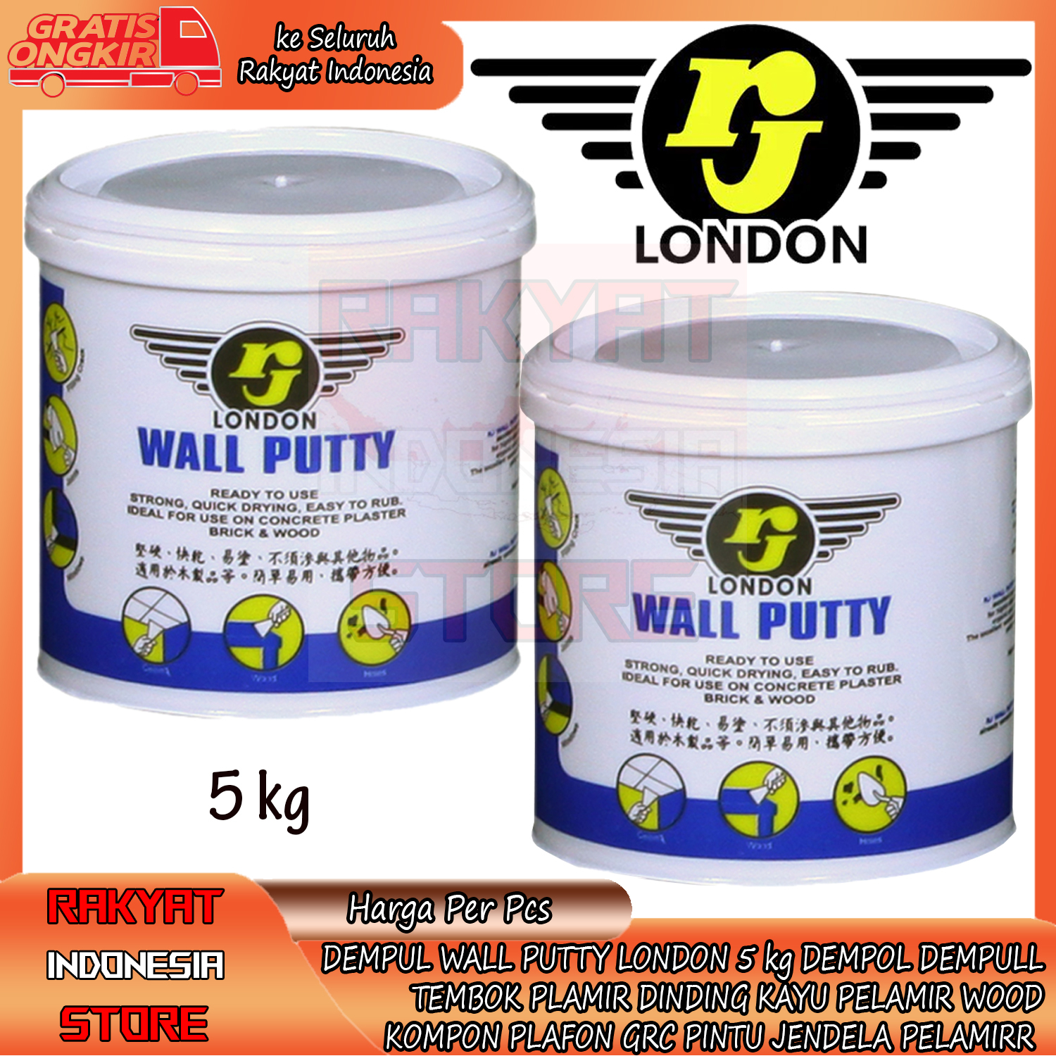 DEMPUL RJ WALL PUTTY LONDON 5kg DEMPOL TEMBOK PLAMIR DINDING KAYU PELAMIR WOOD KOMPON PLAFON GRC PIN