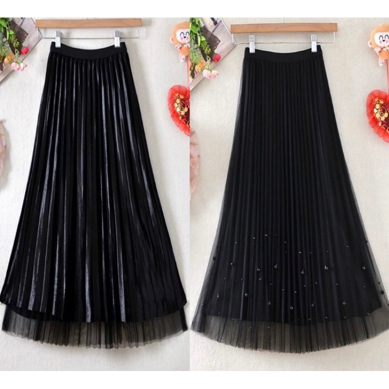 Double Face Tutu Velvet Pleated Skirt with Bead Application Import Premium ( Rok Tutu Beludru Bolak Balik - Mutiara ) [ Bisa COD ]