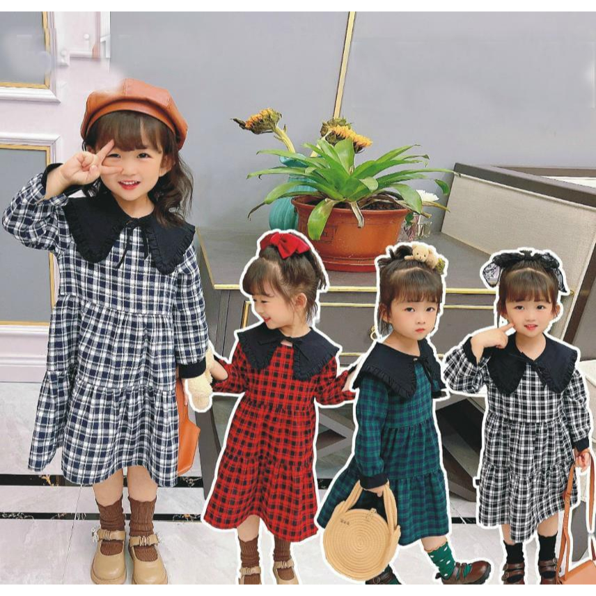 KFCAT Dress Gaun Rok Lengan Panjang Anak Perempuan Flanel Kotak Renda Korean Style