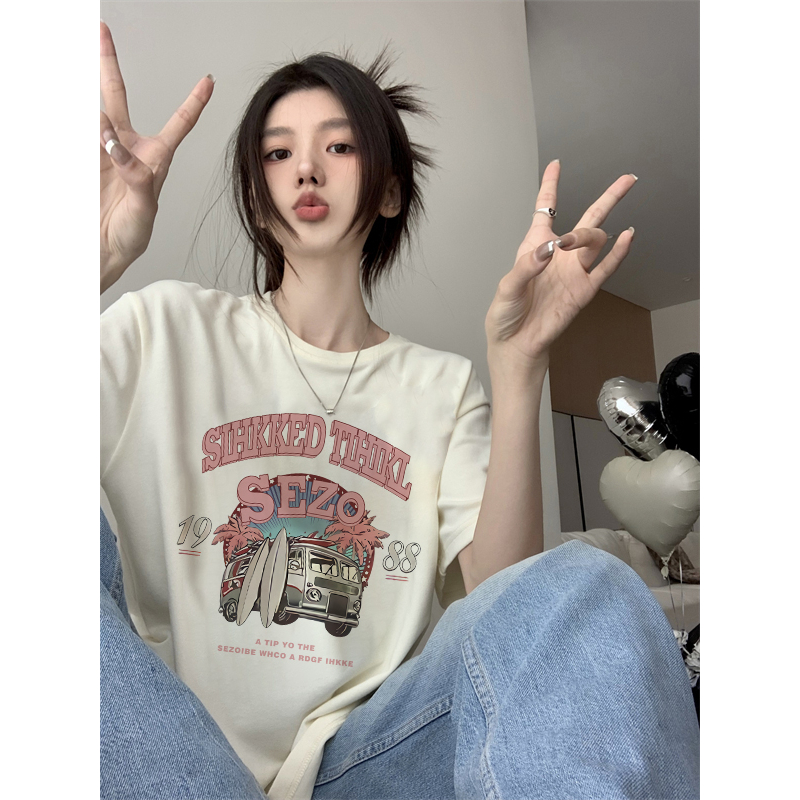 baju warna putih atasan wanita lengan pendek korean style letter car graffiti print T-shirt import oversize kekinian kaos cream