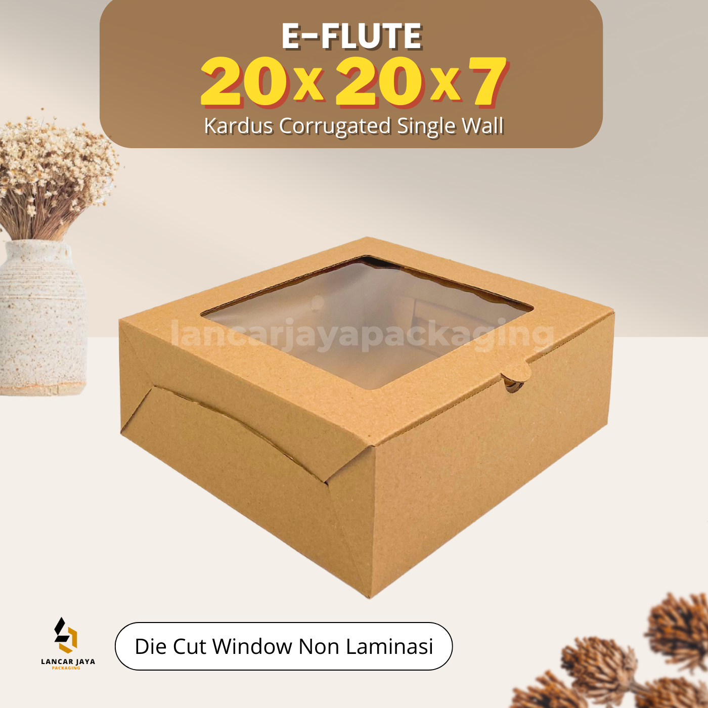 

E-Flute Kardus Coklat Kotak Nasi Hampers Box Cake Kue Snack 20x20x7 cm