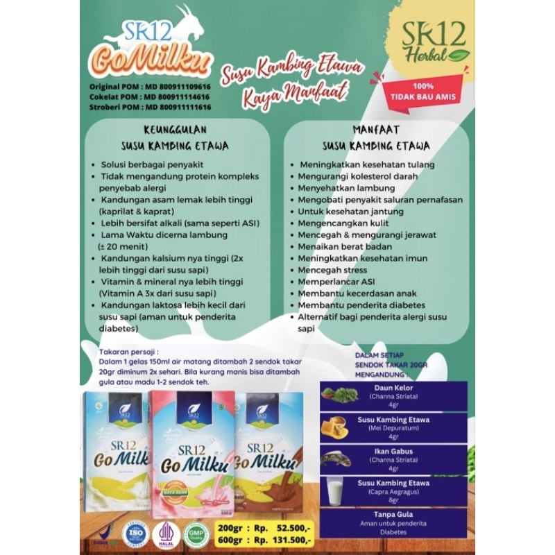 

GOMILKU PREMIUM SR12 PUTIH & COKLAT / SUSU KAMBING SEHAT DAN BERNUTRISI, PENGGANTI ALERGI SUSU SAPI