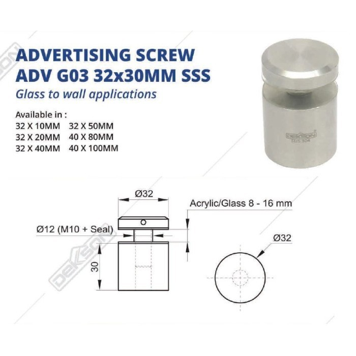 Connector Baut Railing Kaca Ke Tembok Pin Kaca Padat Dekkson/ ADVERTISING SCREW DEKKSON ADV G03 32X30MM