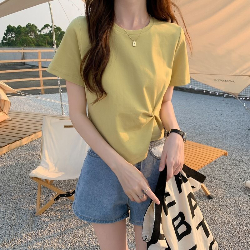 MMM Kaos Polos Wanita Lengan Pendek 6782 T-Shirt Women Short Sleeve Twisted Atasan Crop Top Wanita Serut Samping Ala Korea Murah Import