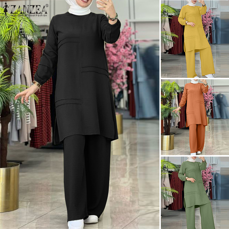 ZANZEA Women Commuting Casual Cover Up Irregular Design Elastic Waist Wide Leg Pants Muslim Suit