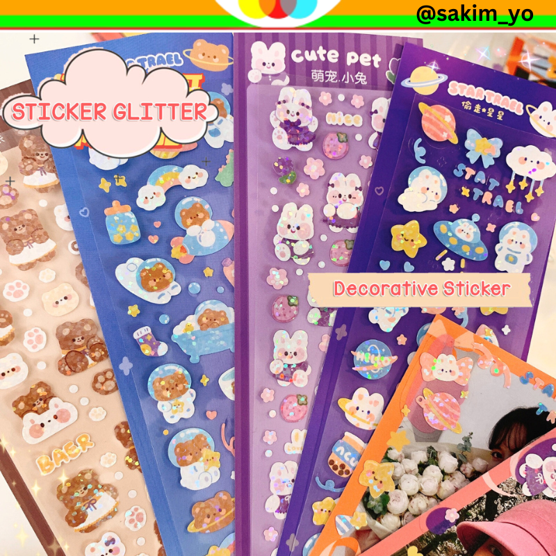 

STIKER LASER SINGLE GLITTER HOLOGRAM MOTIF RABBIT BEAR BUBBLE CUTE LUCU WATERPROOF MODEL KOREA @sakimyo