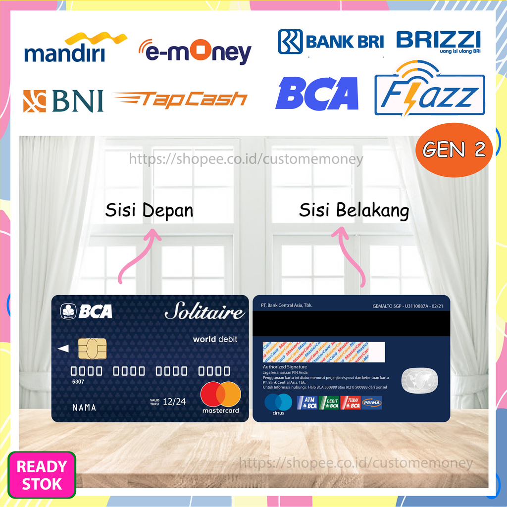 KARTU EMONEY DESIGN KARTU SOLITAIRE BCA ETOLL E-MONEY MANDIRI FLAZZ GEN 2 TAPCASH BRIZZI - 2 SISI
