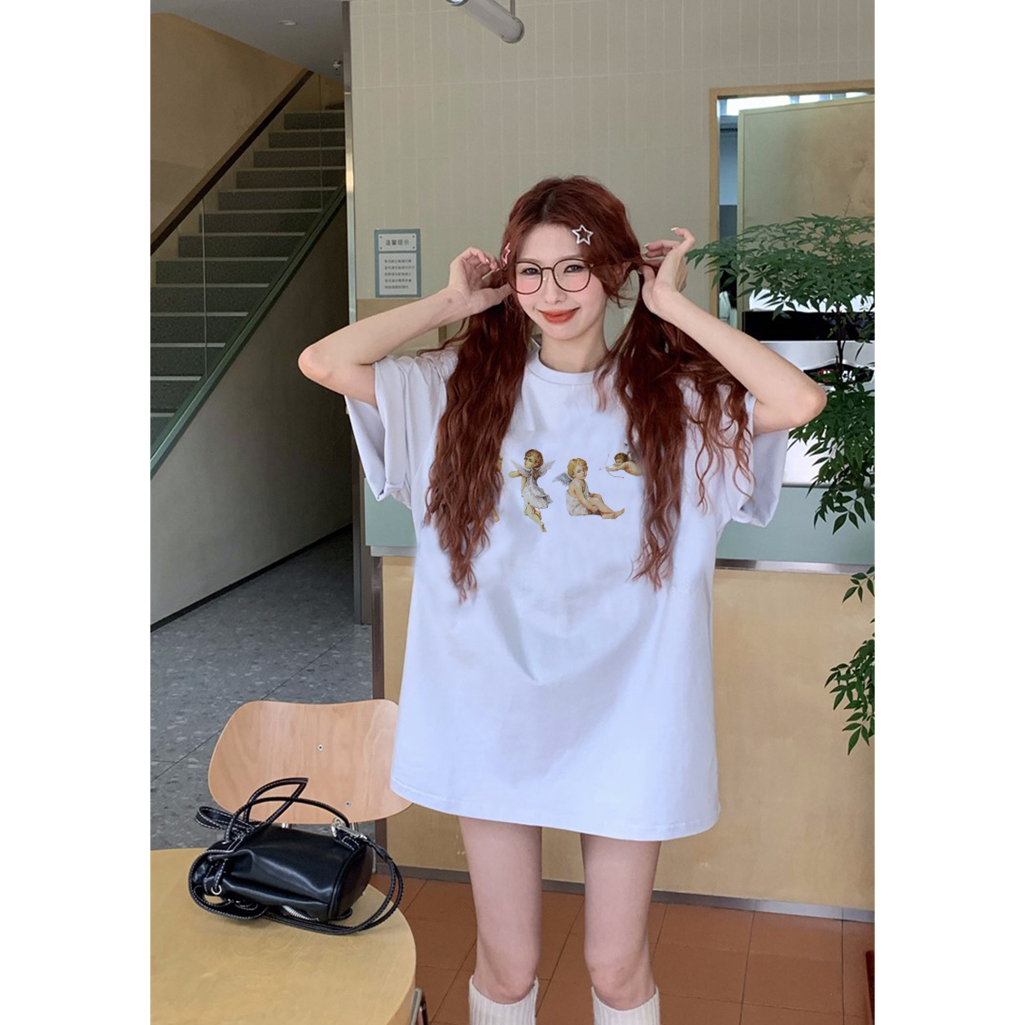 EUNII T-shirt Lengan Pendek Cartoon Angle Wings Korean Style/Kaos Atasan Wanita/Baju Kaus Oversize Wanita/Kaos Wanita