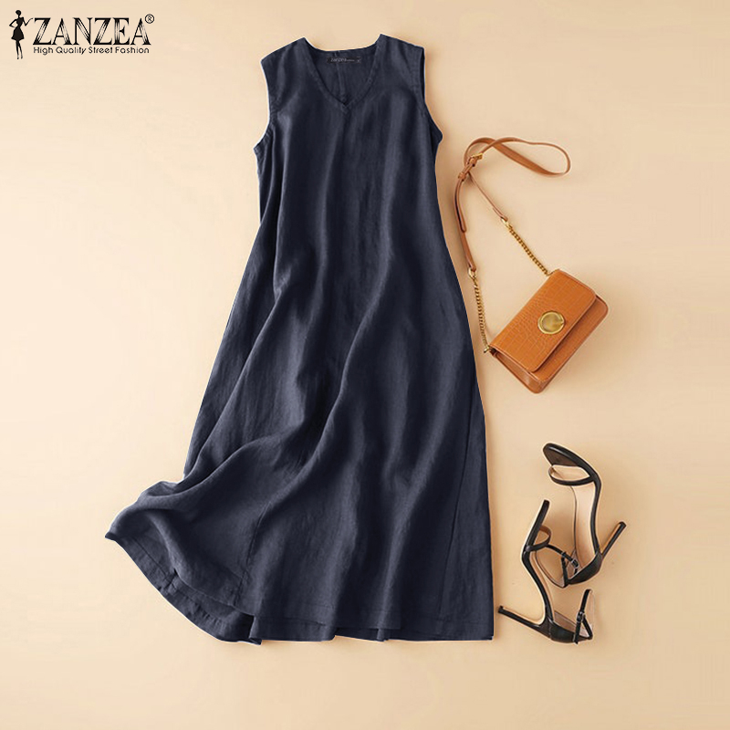 ZANZEA Women Sleeveless V Neck Solid Color Casual Side Pockets Long Dress