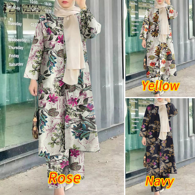 ZANZEA Women Muslim Print Side Slit Long Top + Elastic Waist With Pocket Wide Leg Pants Set