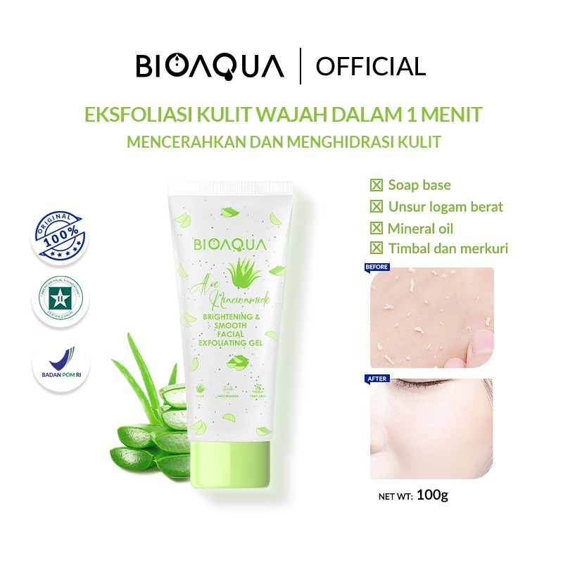 BIOAQUA Facial Exfoliating Gel Indonesia / Eksfoliasi Kulit 100g / Aloe Peach Niacinamide Brightening &amp; Smooth Nourishing / Mengangkat Sel Kulit Mati Mencerahkan Komedo Halus Lembut Hidrasi / Peeling Exfoliator Exfo Scrub / Skincare Face Care / Series