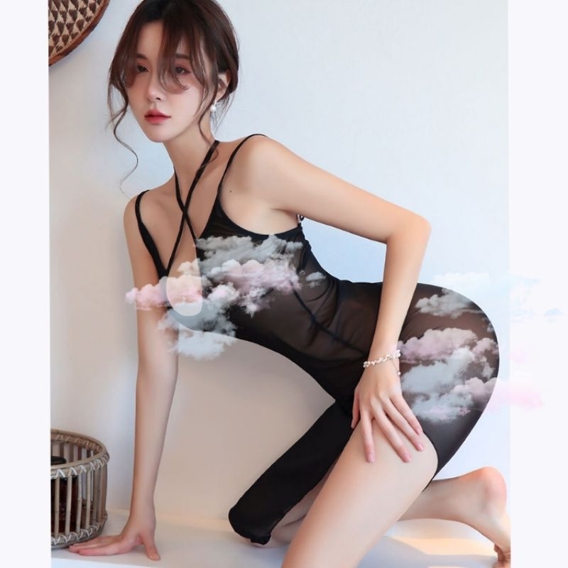 Lingerie Bodycon Dress Gaun Malam Pesta Transparan Panjang Sexy + G String