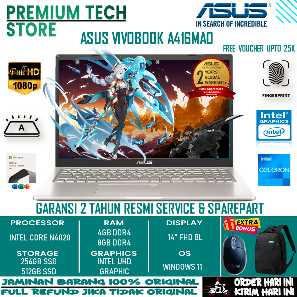 ASUS A416MAO FHD425 N4020 8GB 256GBSSD W11+OHS 14 FHD