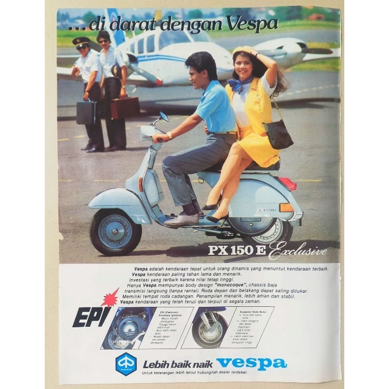 Iklan jadul VESPA PX150E Exclusive dengan model Zoraya Perucha dan Rico Tampatty