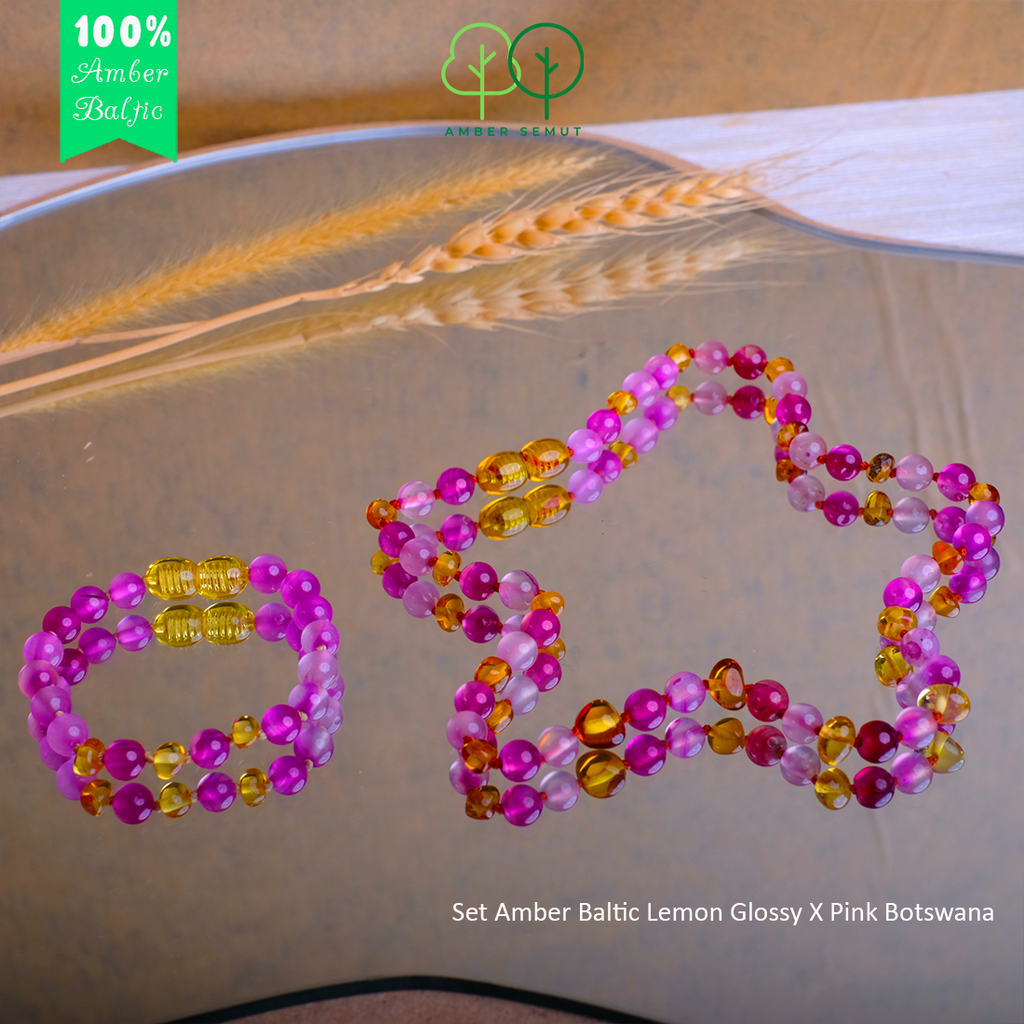 PROMO FREE GELANG - Kalung Amber Baltic Lemon Glossy X Pink Botswana by Amber Semut