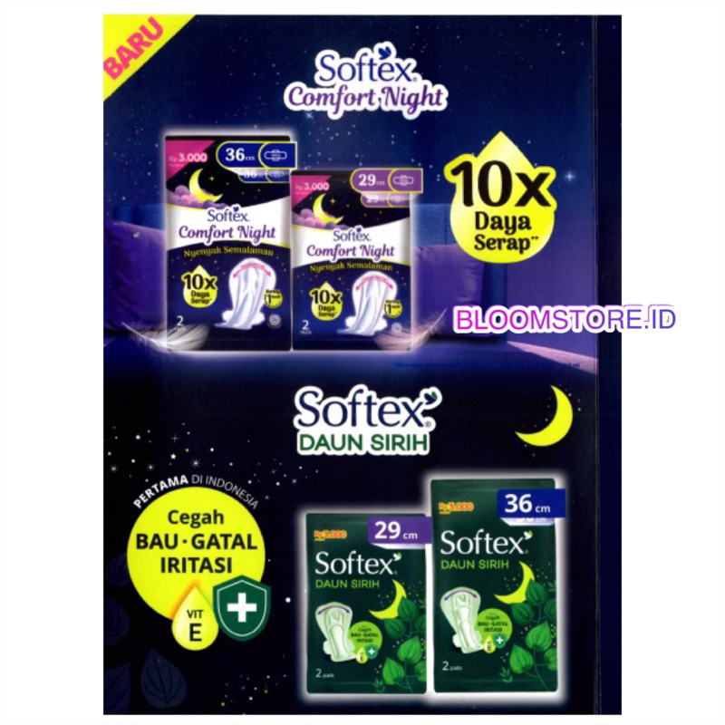 SOFTEX Comfort Night Daun Sirih 29cm 36cm Isi 2 Pcs 2Pcs Pad Pads 2s Malam Pembalut Wanita 29 36 cm Renceng Saset Sachet