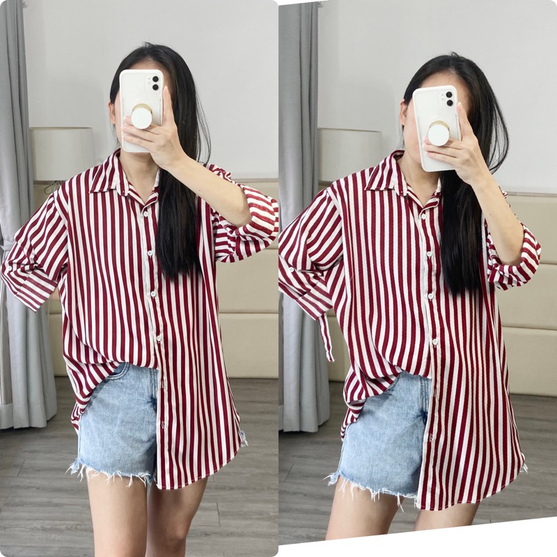 shirt oversize / atasan jumbo size / blouse casual wanita bigsize / atasan rayon jumbo size / kemeja casual wanita stripe