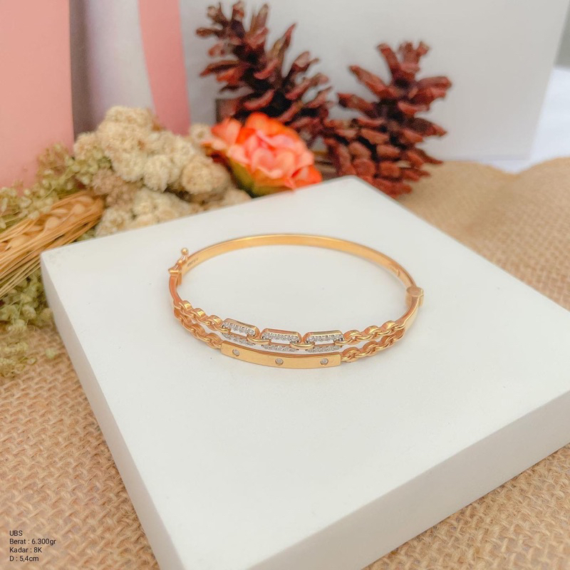 Perhiasan Gelang Emas Oval Bangle Variasi Rantai UBS 8k / 375
