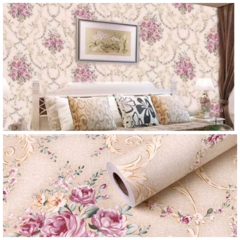 Wallpaper Sticker Dinding Warna Krem Bunga Pink