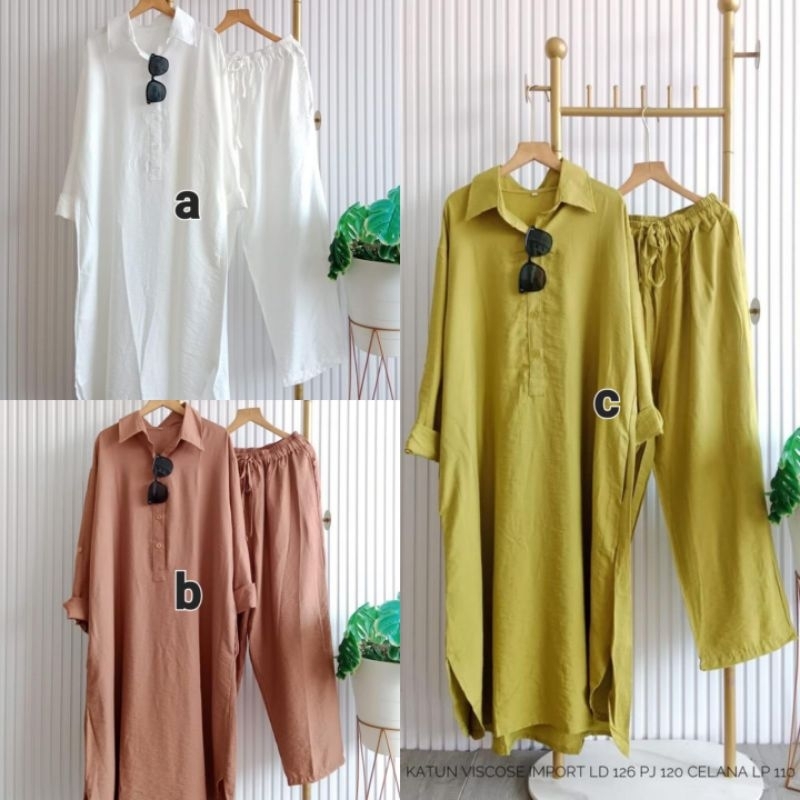 T925 ONE SET ATASAN LONG TUNIK / CELANA KATUN VISCOSE IMPORT WANITA MUSLIMAH KEKINIAN VIRAL ORIGINAL