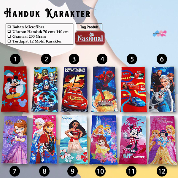 Handuk Anak Lembut Karakter Kartun 70x140 Super Lembut Menyerap Air Murah