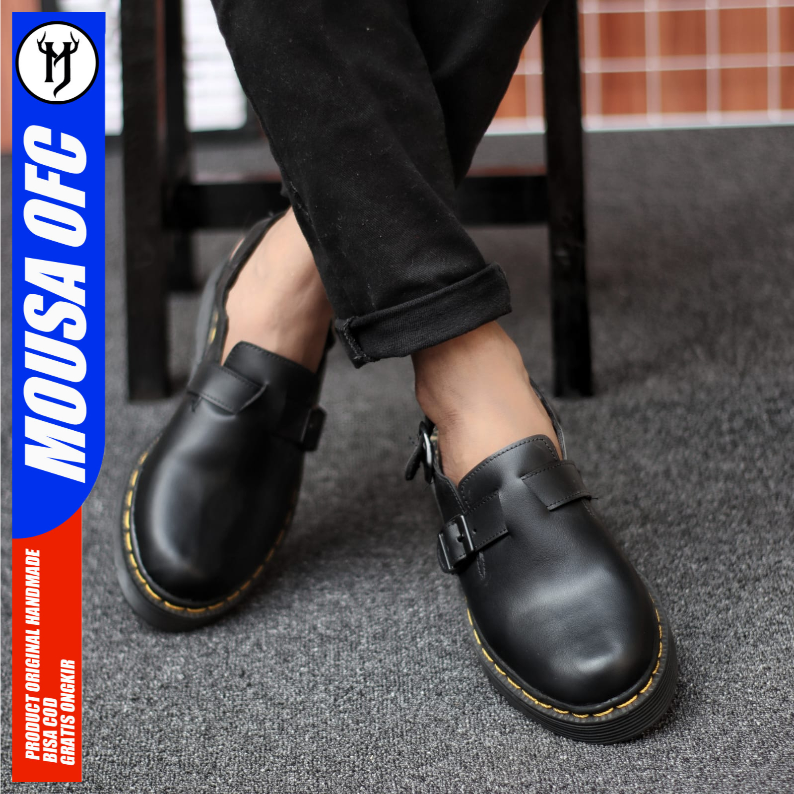 MOUSA Sepatu Sandal Pria Casual Slop Kulit Pu Pria Hitam Buston