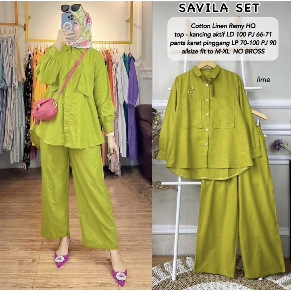 Savila Oneset Kemeja Kancing Depan Aktif Busui + Celana Panjang Pinggang Karet Keliling Bahan Katun Linen Rami Setelan Wanita Kekinian Terbaru 2023 Fit to XL