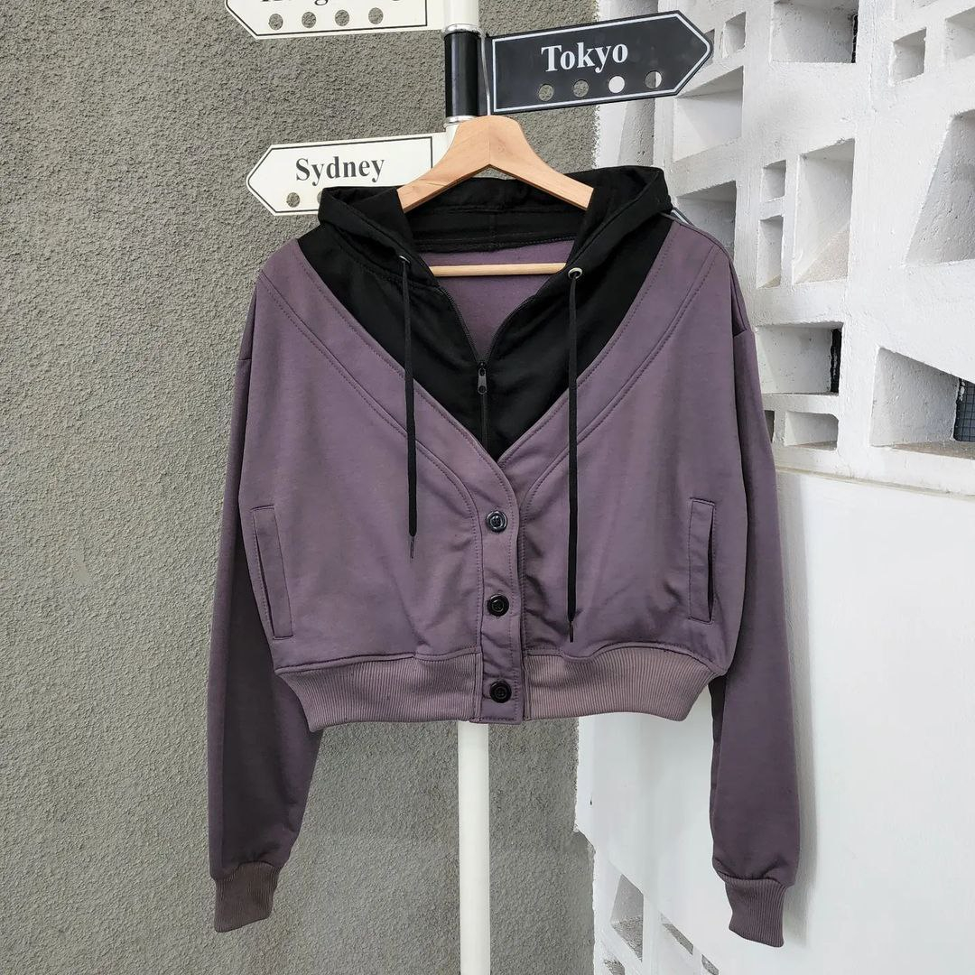 Nara.Grosir - Zip Combie Button Jaket l Jaket Crop Wanita Terbaru