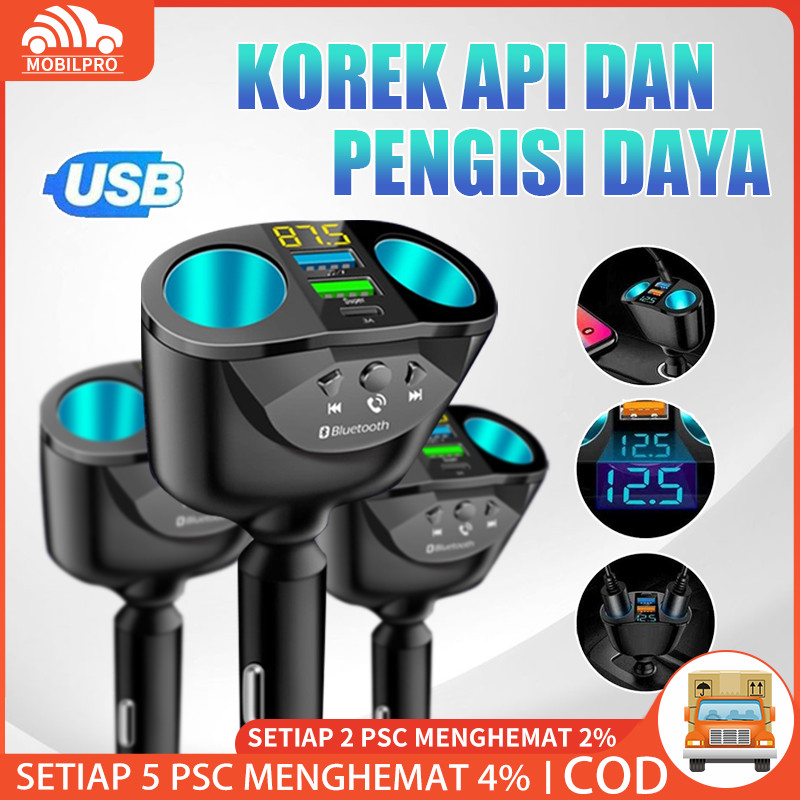 QC3.0 Pengisi Daya Mobil 90W, Pengisian Daya Cepat Dua USB Tipe C 12V 24V Bluetooth 5.0 FM Pemancar Pemutar Musik Adaptor Satu Seret Tiga Ringan dengan Dua Colokan Konversi