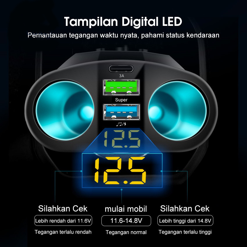 QC3.0 Pengisi Daya Mobil 90W, Pengisian Daya Cepat Dua USB Tipe C 12V 24V Bluetooth 5.0 FM Pemancar Pemutar Musik Adaptor Satu Seret Tiga Ringan dengan Dua Colokan Konversi