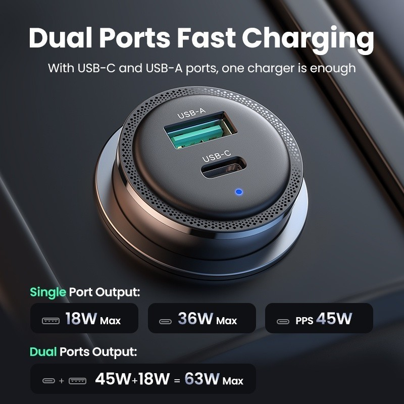 UGREEN Adaptor Car Charger Mobil USB + Type C PD Fast Charging 63W Untuk Samsung S22 Ultra Iphone 14 13 12 90645