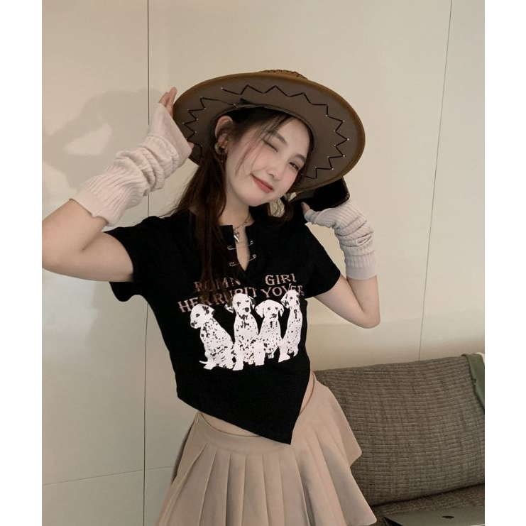 RSB BJ391 Baju Kaos Crop Top Printed Mix Button Pin Atasan Wanita Lengan Pendek Korean Style