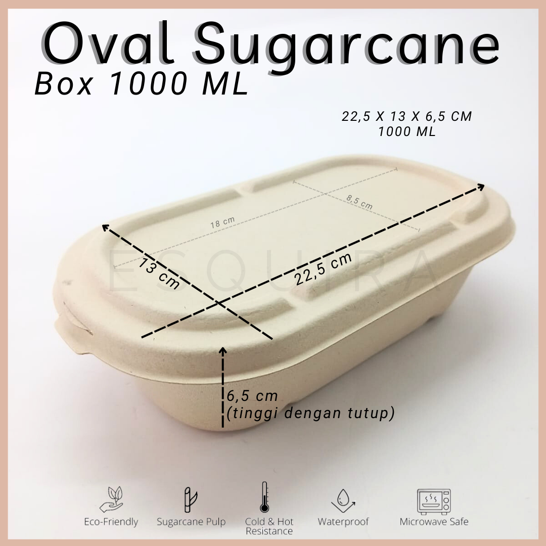 Oval Sugarcane Box 1000 ML / Lunch Box 10 Pcs + Lid / TAB1000