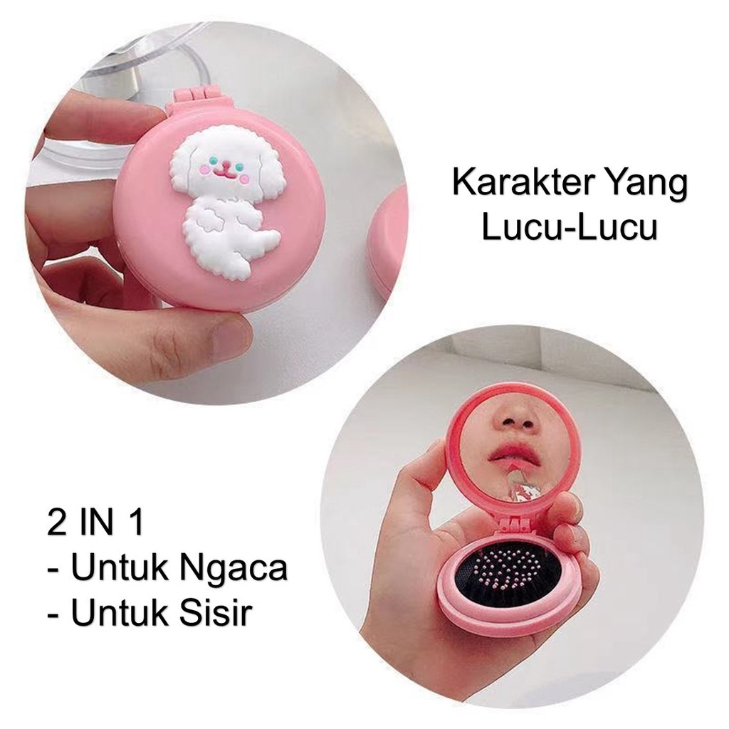 TGM - CM007 Sisir Rambut Lipat Bulat 2 IN 1 Sisir Rambut Mini Karakter Dengan Cermin Ala Korea Sisir Portable Murah / Sisir Lipat Bulat dengan Cermin Sisir Compact 2in1 Motif Cute