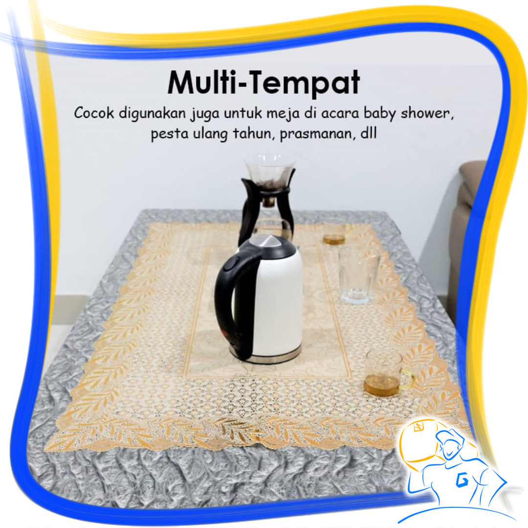 Taplak Meja Ruang Tamu PVC Alas Meja Anti Air Persegi Motif Minimalis Gold Vintage Renda Hias Premium