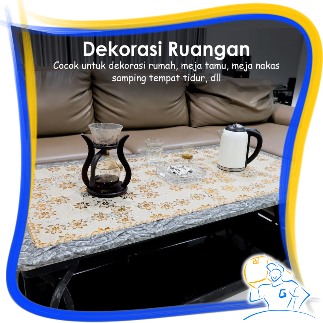 Taplak Meja Ruang Tamu PVC Alas Meja Anti Air Persegi Motif Minimalis Gold Vintage Renda Hias Premium