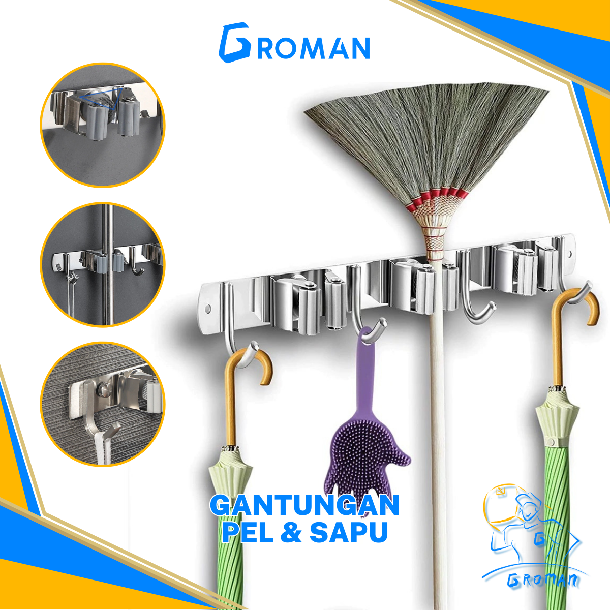 Gantungan Sapu Hook Pel Mop Clip Holder Tempel Dinding Klip Penjepit Gagang Pel Pengait Sapu Hanger Serbaguna