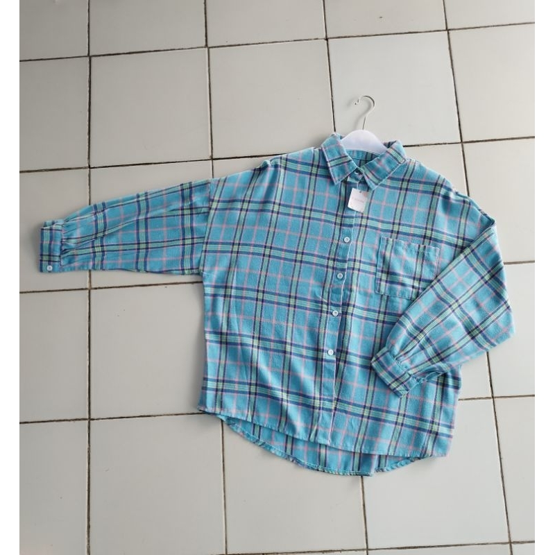 kemeja Atasan wanita Flanel tangan balon kotak kotak