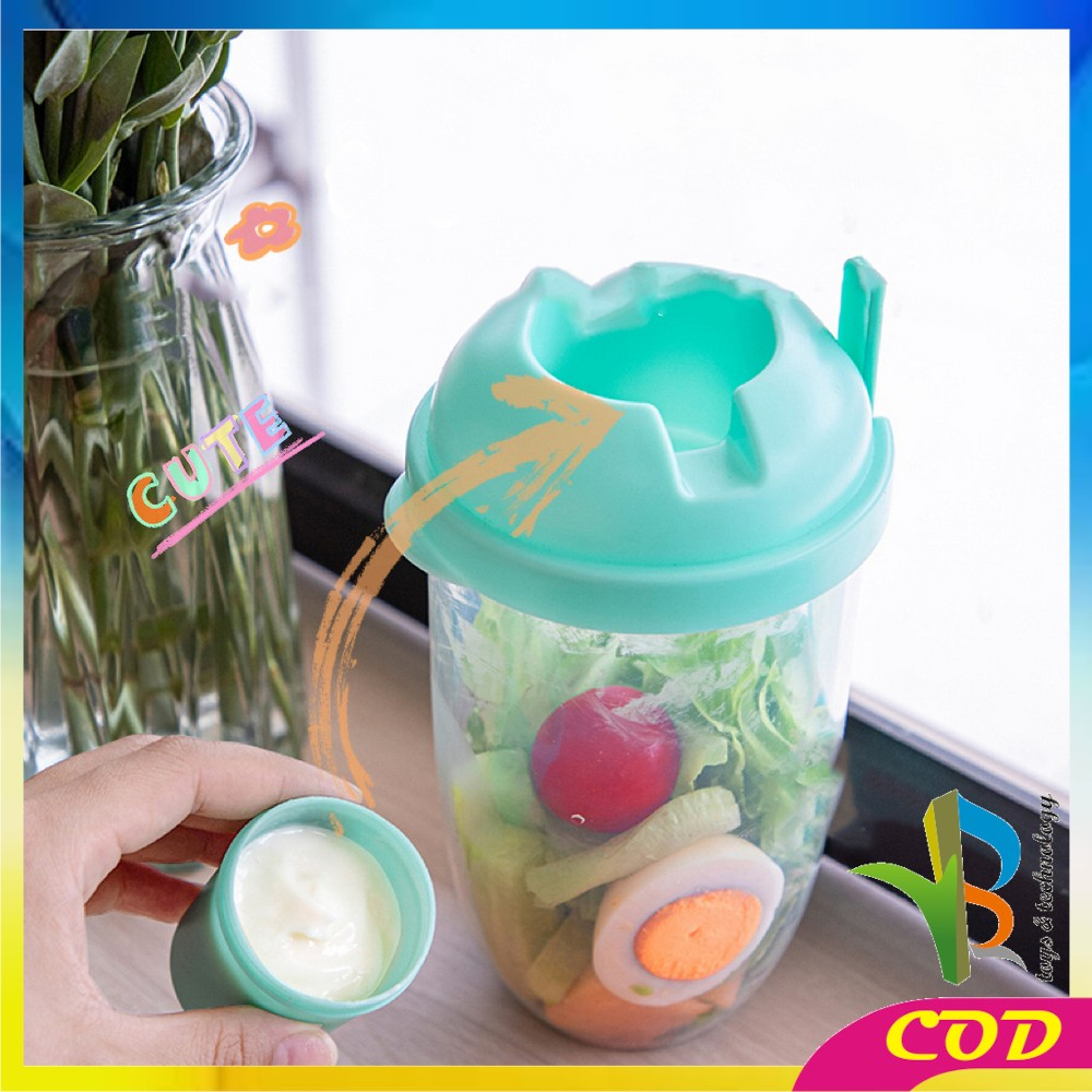 RB-C863 Botol Salad 1000ML dengan Sendok Garpu + Botol Saus Kecil Praktis Portable / Tempat Makan Buah Sayur Salad Transparan BPA FREE / Gelas Salad Plastik Import