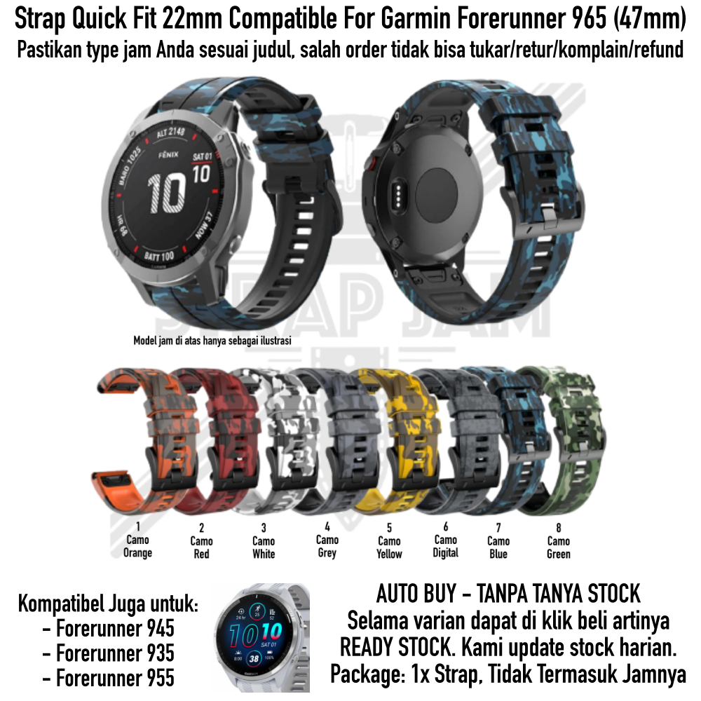 CQF Strap Garmin Forerunner 965 955 945 935 - Tali Jam Quick Fit 22mm Army Camo Keren