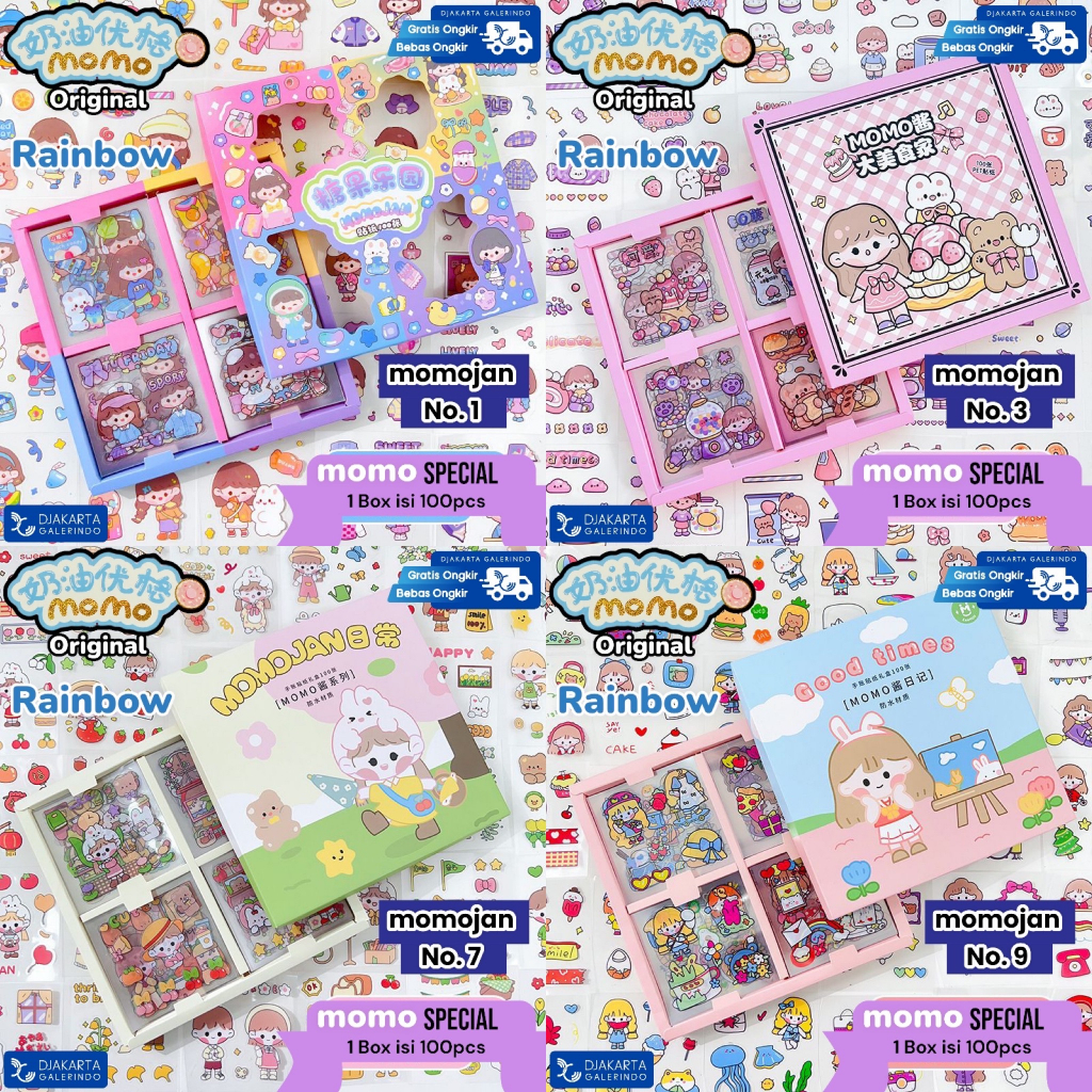 

Sticker MOMOJAN MOMO Special Rainbow Mix Warna Original waterproof Stiker Kartun Korea Anti Air Original isi 100pcs