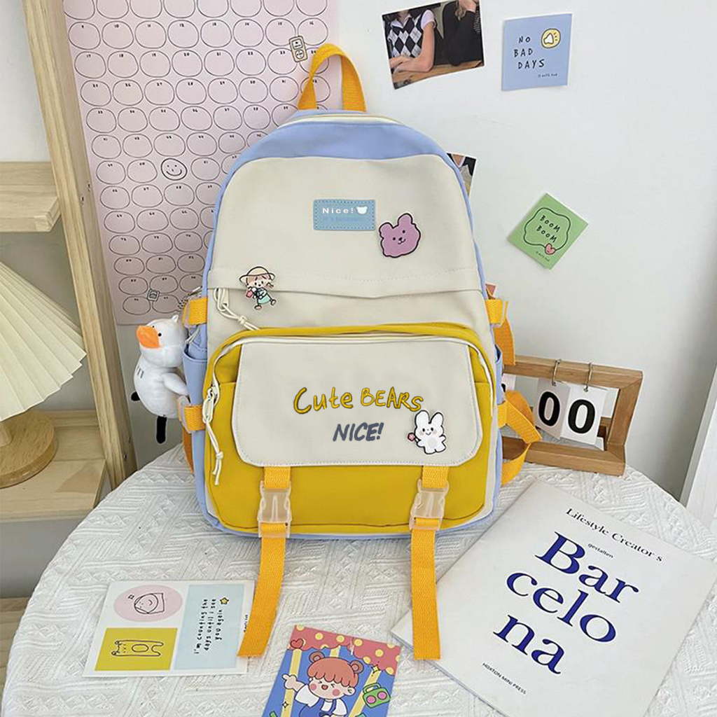 Mismi Cecile Bag - Tas Ransel Wanita Korea Cute Backpack Anak Sekolah Perempuan Stylish kualitas Import - 14C gratis boneka dan botol