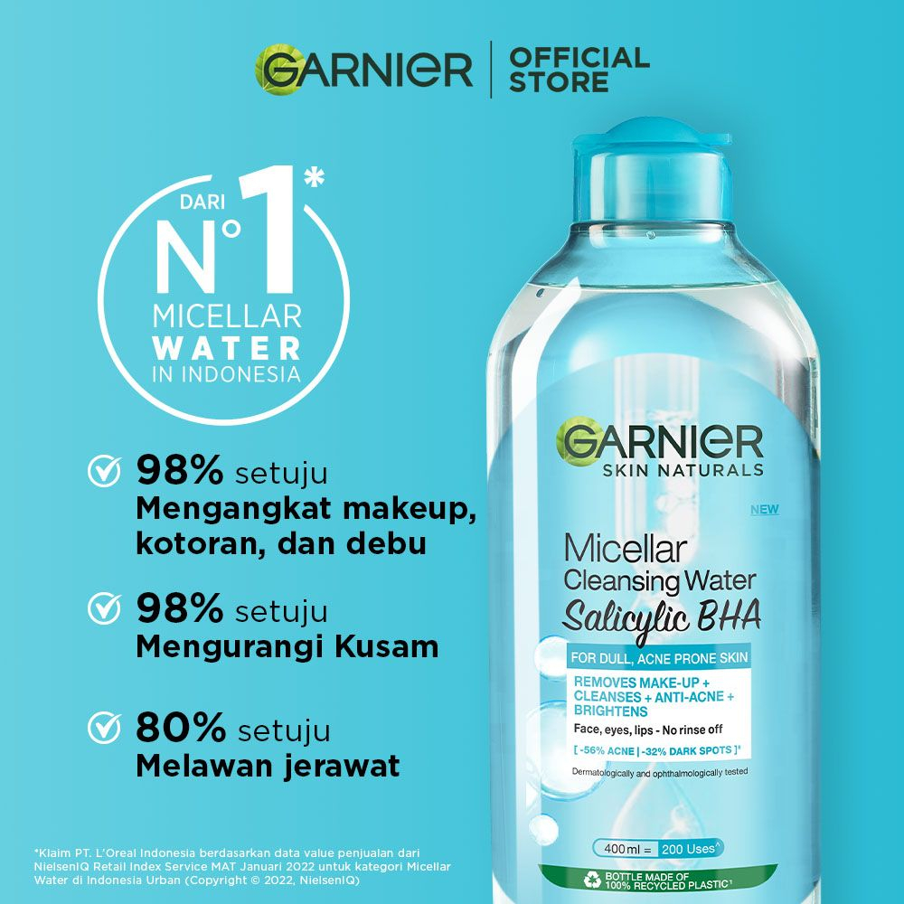 Garnier Micellar Cleansing Water Pink | Blue | Salicylic BHA | Biphase Oil | Vit C Yellow | Rose Water | 400 ml | 125 ml | 50 ml | Micellar Water Make up Remover