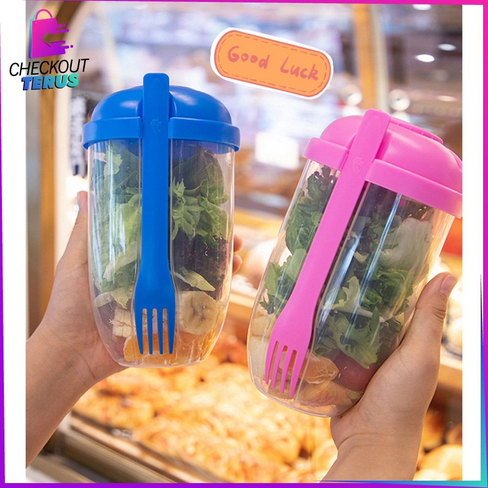 CT C863 Botol Salad 1000ML Transparan BPA FREE dengan Sendok Garpu + Botol Saus Kecil Portable Gelas Salad Plastik Tempat Makan Buah Sayur Salad